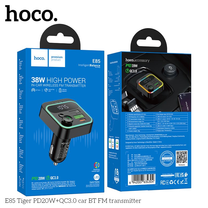 HOCO E85 Tiger – FM transmiter s brzim punjenjem i Bluetoothom