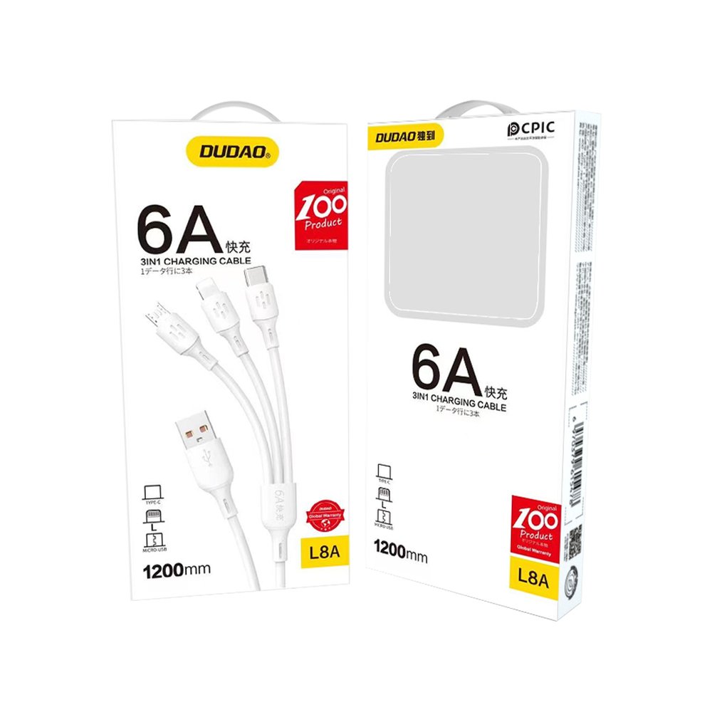 Dudao 3u1 USB kabel – USB-C / microUSB / Lightning, 6A, 1.2m, bijeli
